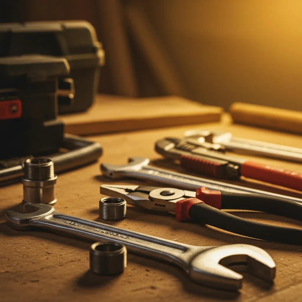 Essential Plumbing Tools for Effective DIY Plumbing Repairs 2 Essential plumbing tools including an adjustable wrench, slip-joint pliers, and basin wrench on a workbench