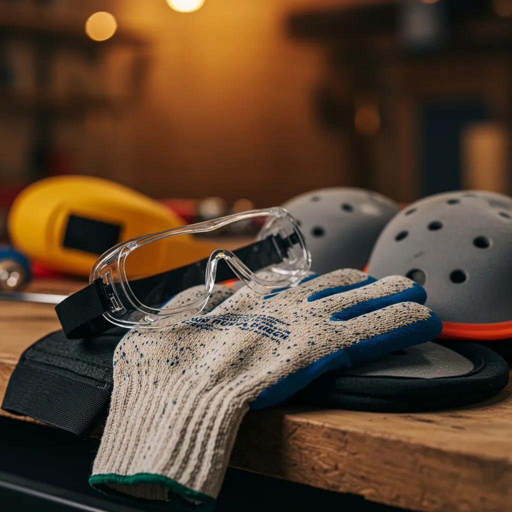 Essential safety gear for plumbing repairs including safety goggles, nitrile gloves, and knee pads on a workbench