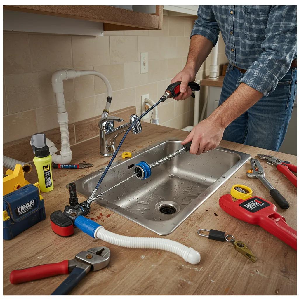 Homeowner using a drain snake to clear a clogged sink in a DIY plumbing setting